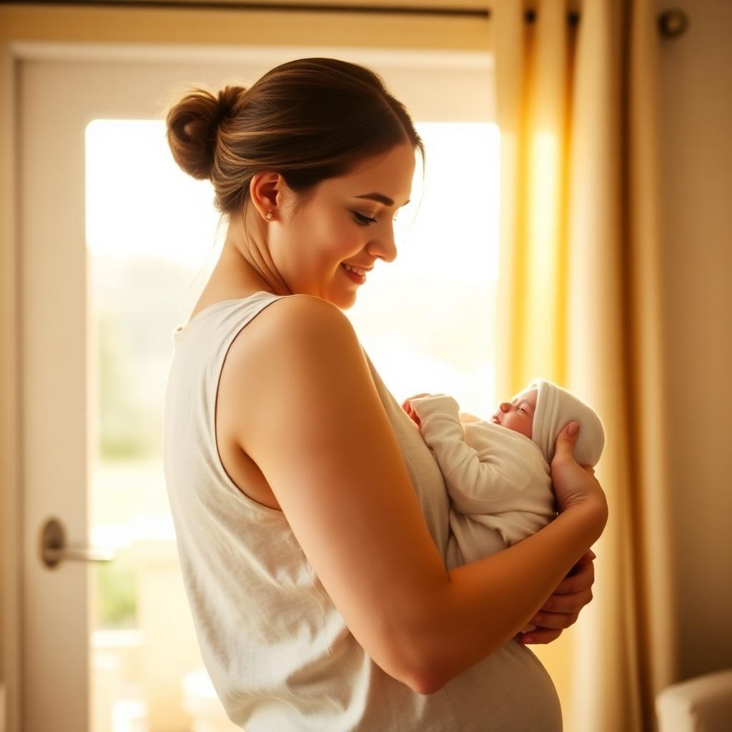 A mother holding her newborn son in soft golden light