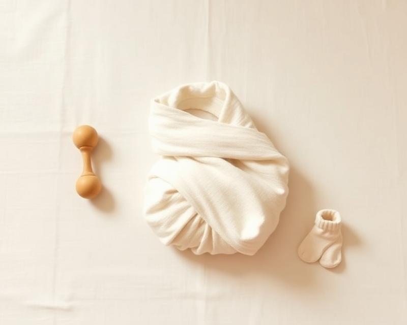 Soft folded baby essentials on a cream linen background