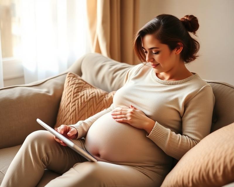 An expecting mother resting on a cozy couch reading on a tablet