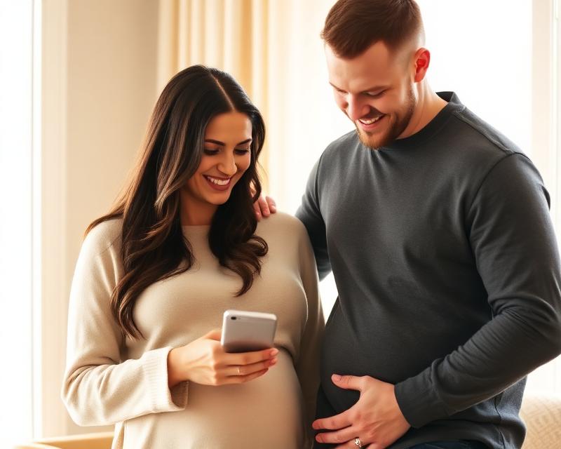 An expecting couple smiling together while looking at a phone